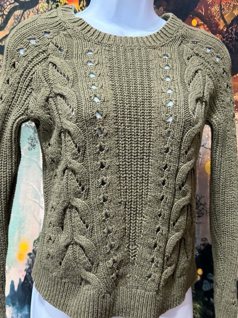 Lucky Brand Cable Knit Sweater Olive Green XS 18ptp - Picture 4 of 7
